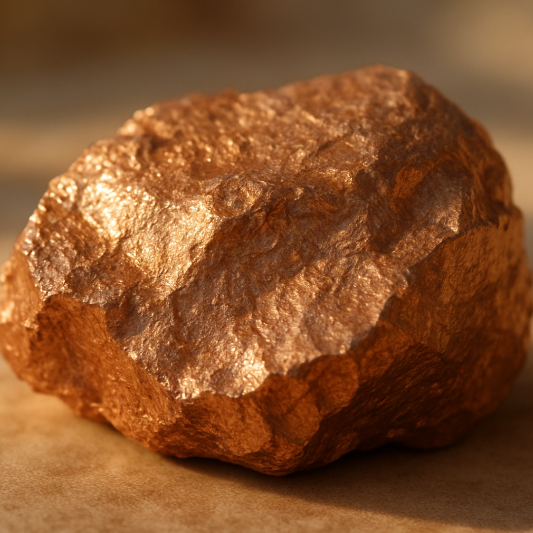 photographie 1080/ 1080 pixels artistique et réaliste d'un morceau de cuivre brut chauffé par la lumière naturelle. texture détaillee u métal aux reflets dorés et rosé ambiance douce et chaleureuse.  Image