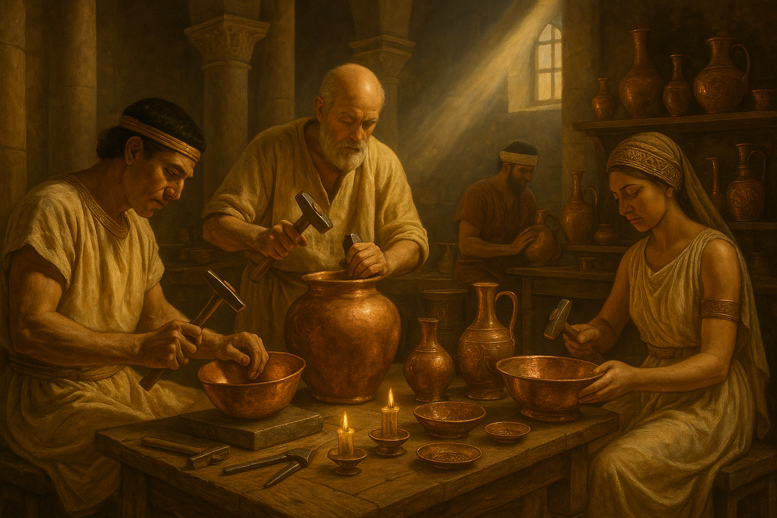 une scene élégante inspirée de l'antiquité, représentant des artisans égyptiens ou romains travaillant le cuivre avec soin. La lumière est chaude et dorée, le décor rafiné, les outils anciens et le métal brillant sous leurs mains. l'ambiance evoque la tradition, le savoir-faire ancestral et la noblesse du cuivre. styleréaliste, haute qualité  Image